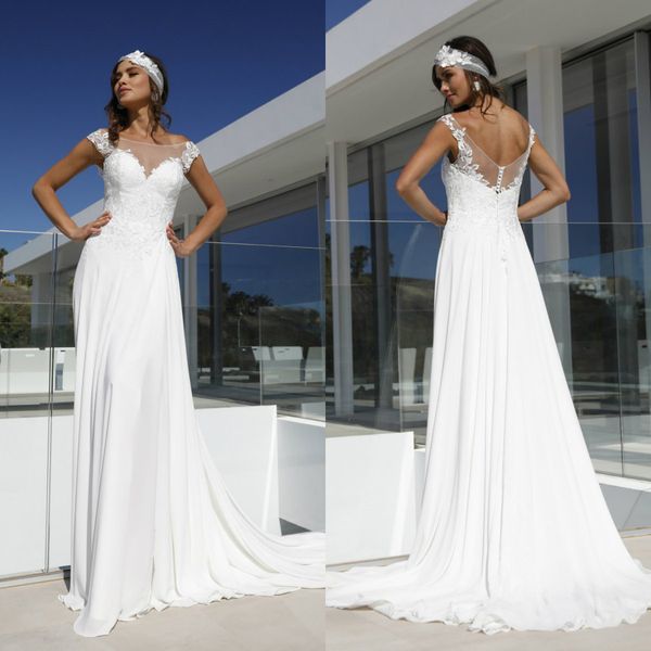 

2020 a line bohemian wedding dresses lace appliqued sweep train chiffon boho bridal gowns off the shoulder plus size robes de mariÃ©e, White