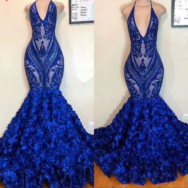 

floral ruffles royal blue mermaid prom dresses 2019 sequins lace appliques halter evening party gowns, Black