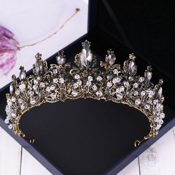 

diezi baroque bride black stone white crystal crowns tiara bridal diadem queen crown for wedding 2019 headband hair accessories, White;golden