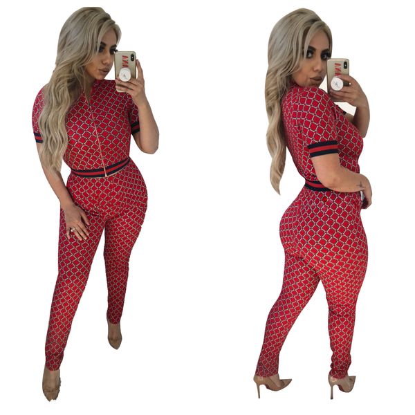 

Vestidoes Clothes for Female Women Summer Red Tracksuits Zipper Tops Long Pants 2pcs Designer Suits