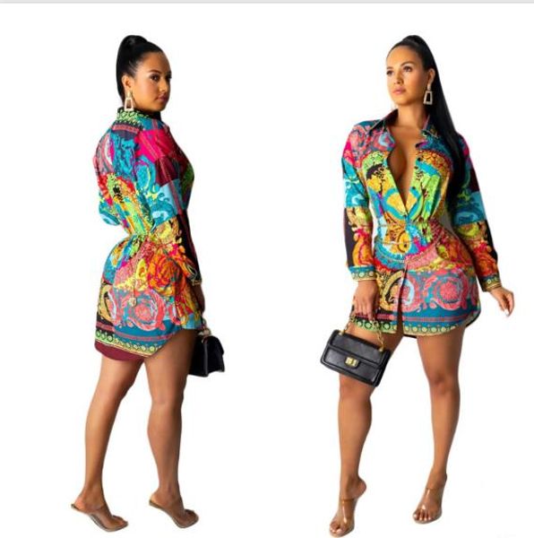

colorful print womens casual dresses fashion single breasted long sleeve womens designer shirt dresses females clothing, Black;gray