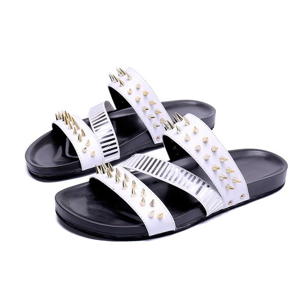 

men's slides non-slip beach shoes roman slippers summer outdoor wear dual-use casual korean-style rivets slippers men, Black