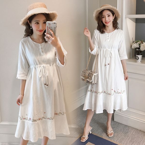 

embroidery cotton maternity long dress summer fashion slim waist clothes for pregnant women elegant slim pregnancy clothing, White
