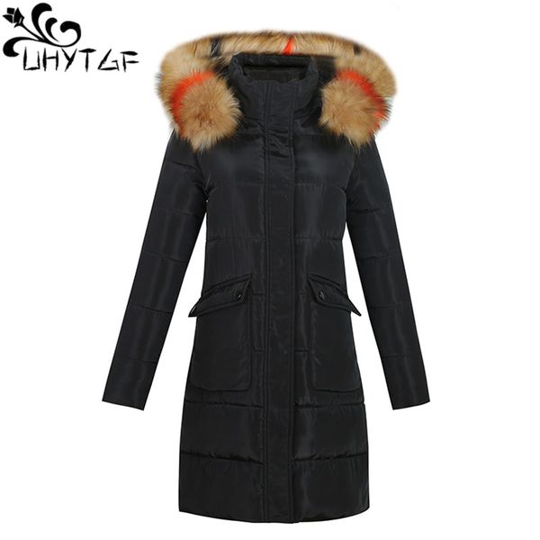 

uhytgf female long jacket warm winter outerwear fur collar hooded parka women's thicken loose plus size down cotton jackets 899, Black
