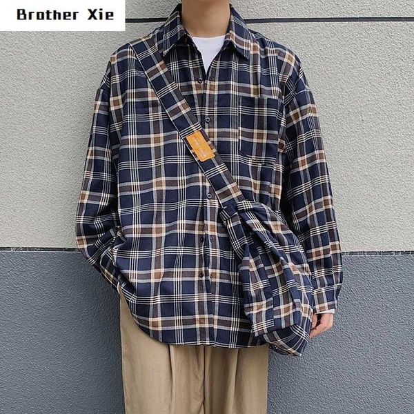 

autumn new plaid shirt men fashion retro casual shirt man streetwear wild loose long-sleeved to send package clothes -2xl, White;black