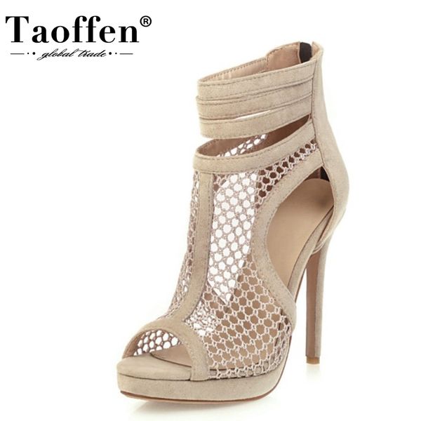 

taoffen size 33-50 women boots summer high heel peep-toe shoes women daily dance club ankle strap party mujer footwear, Black
