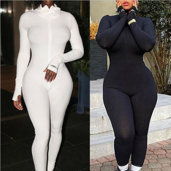 

fashion womens playsuit solid color slim high neck ruffles bodycon long sleeve jumpsuit 2020 office romper trousers tracksuits, Black;white