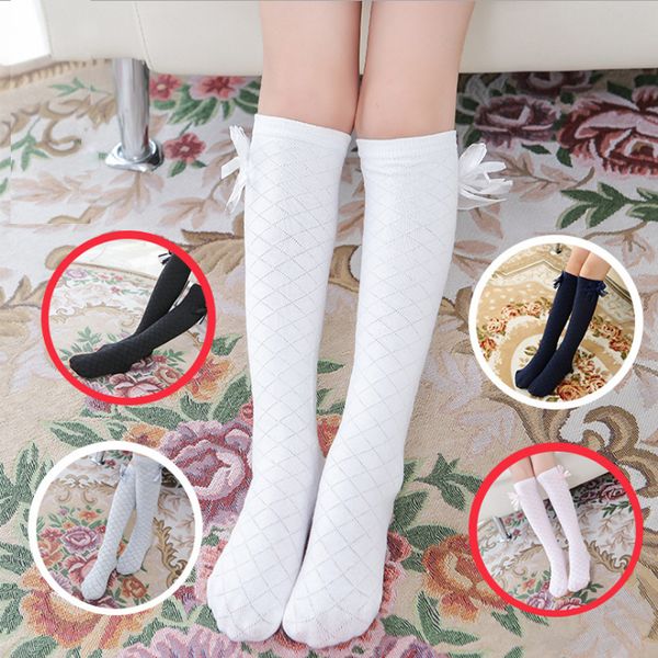 

girls socks knee high bowknot plaid style children kids causal elastic socks solid colors kids girls knee high sock, Pink;yellow