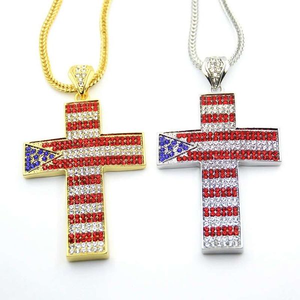 

hip hop the stars and stripes cross diamonds pendant necklaces for men religious luxury necklace stainless steel cuban chain christian, Silver