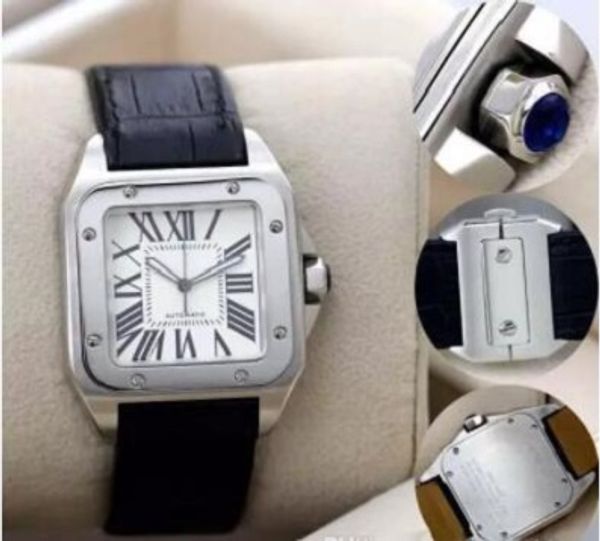 

excellent brand new sports quality 100 xl black luxury men's automatic mechanical watch mens date sports 40mm leather band wristwatches, Slivery;brown