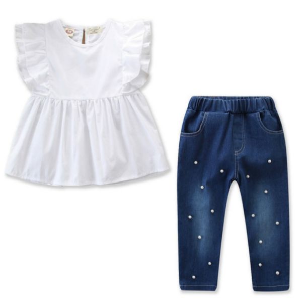 

samgami ребенок пересечь границу детской одежды 2020 летние девочки одежда рукав рубашка pearl комплект джинсы, White