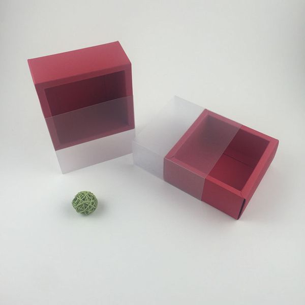 

red paper drawer boxes with frosted pvc lid wedding favor party gift packaging box