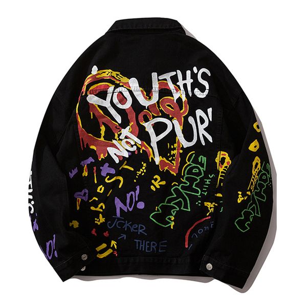 

letter print streetwear gradient color hip hop new fashion mens vintage punk rock black cowboy jeans jacket coats male, Black;brown