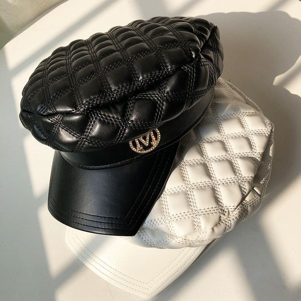 

personalizedcap square brim ~ leather cap female small xiangfeng lingge flat navy hat fashionable hat, Blue;gray