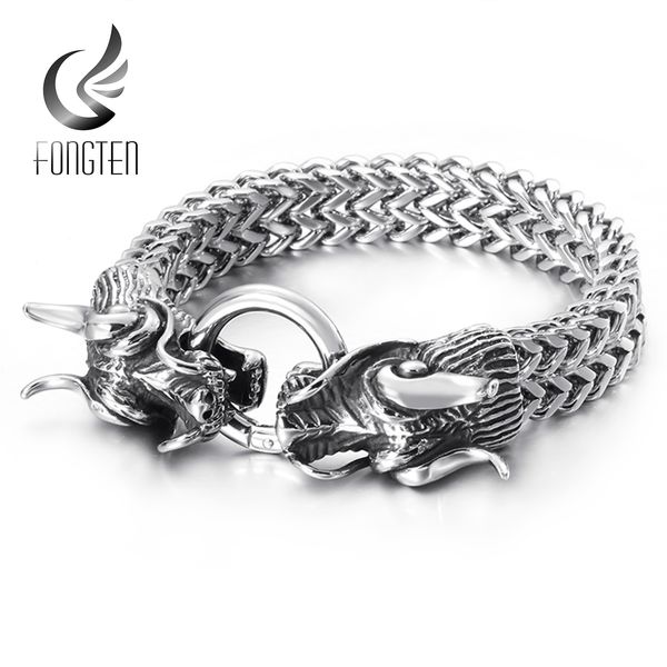 

fongten vintage dragon bracelet men charm silver mesh link chain stainless steel chinese bracelets bangle for mens jewelry, Golden;silver