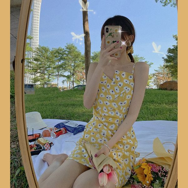 

net red 2020 new korean style yellow daisy short sleeve dress summer floral midi suspender skirt for women