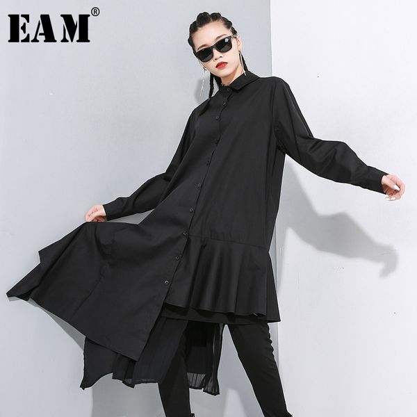 

eam] women black asymmetrical pleated long blouse new lapel long sleeve loose fit shirt fashion tide spring autumn 2020 1n202, White