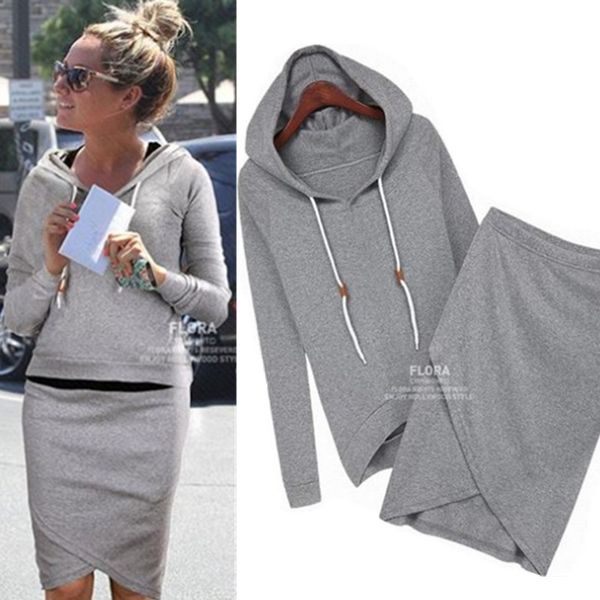 

womens designer casual suit long sleeve solid color sweater irregular skirt two-piece women, Gray