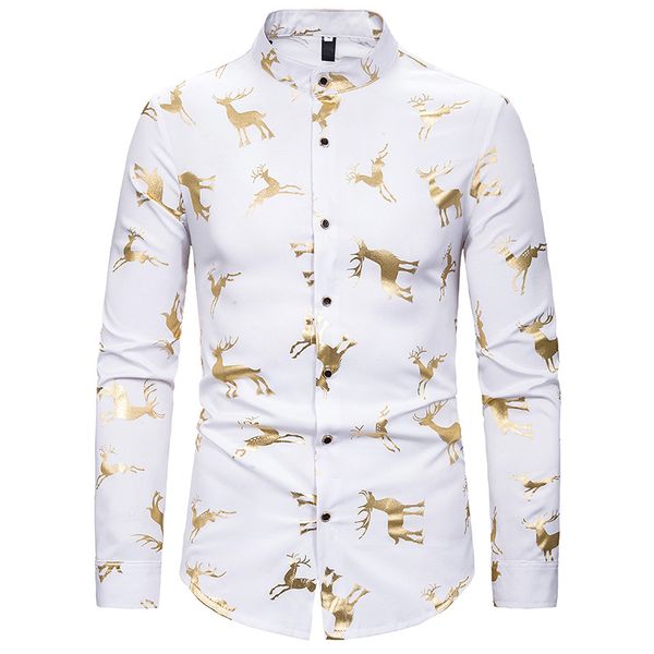 

wholesale-men's mandarin collar dress shirts hipster gold elk foil print christmas shirt men slim fit long sleeve tuxedo shirt male cam, White;black