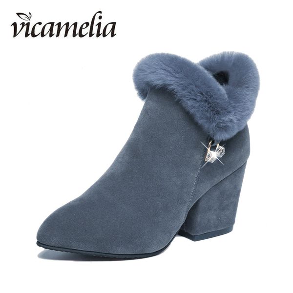 

vicamelia autumn and winter boots women's ankle shoes chunky heeled plush side zipper boots with pointed toes 405, Black
