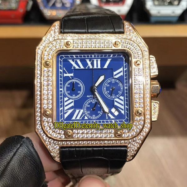 

new 45mm wgsa0017 wssa0013 blue dial japan vk quartz chronograph movement mens watch rose gold diamonds case leather satch sport watches, Slivery;brown