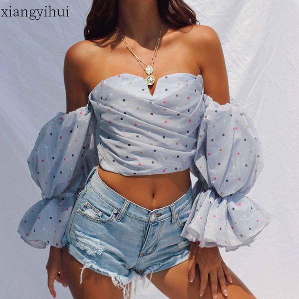 

blue polka dot puff sleeve short t shirt women summer slash neck strapless pink t-shirt fashion streetwear, White
