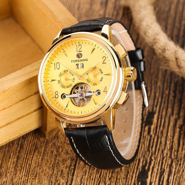 

winner transparent golden case luxury casual design mens watches automatic mechanical skeleton forsining watch, Slivery;brown