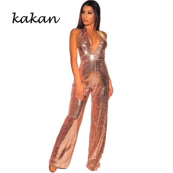 

kakan 2019 spring new women's sequins one-piece tights fashion nightclub sequins hanging neck halter jumpsuit, Black;white