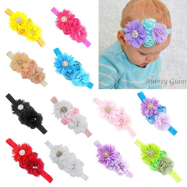 Оптовая Новый Infant Baby Girl Упругие Rose Flowers жемчужный шифон ободки Детские аксессуары для волос Дети головы Bands