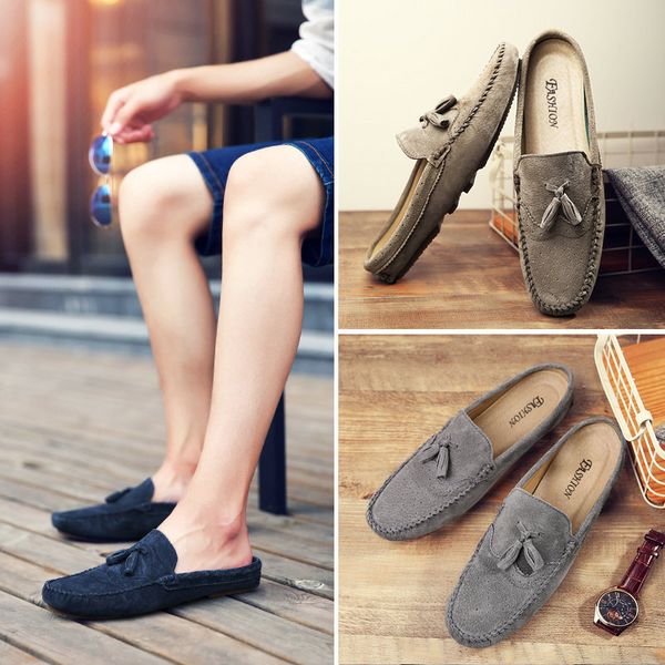 

summer men ban tuo xie moccosins men's no heel casual leather shoes closed-toe slippers summer lazy trendy shoes, Black