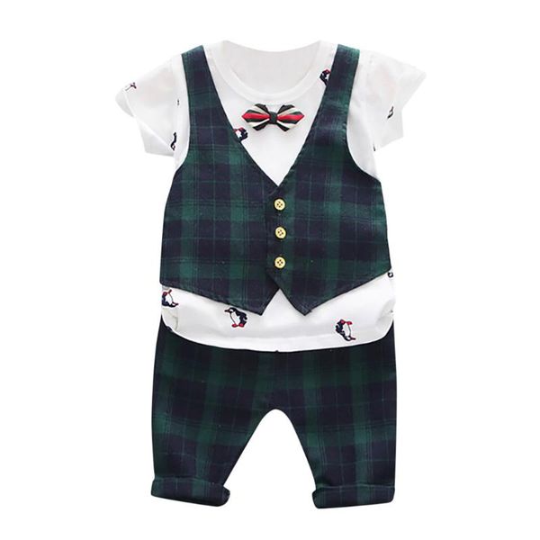 

kancoold baby boy short sleeve penguin bow tie stripe plaid print vest fake two-piece t-shirt + elastic shorts set, White