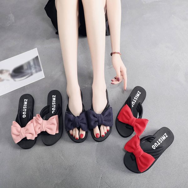 

jaycosin the new summer women butterfly-knot wedges slippers round toe beach flip flops shoes 2019 may22 p35, Black