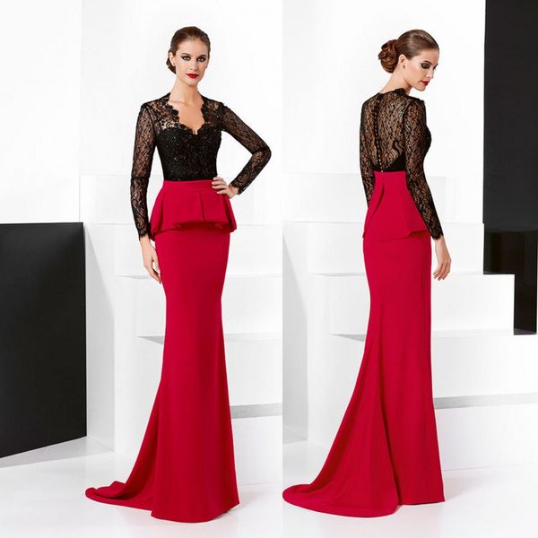 

fashion red mermaid lace mother of the bride dresses v neck long sleeves peplum evening gowns floor length plus size wedding guest dress, Black;red