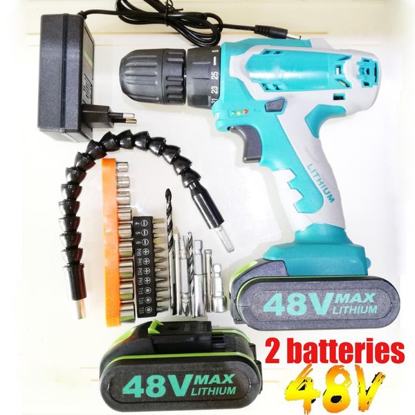 

48v max lithium-ion power driver variable speed electric screwdriver led impact cordless drill 2 battery