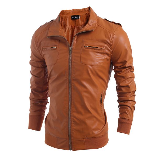 

new stand collar multi pocket men's casual pu leather coat, Black