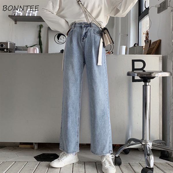 

jeans women high waist ankle-length wide leg denim casual trousers button pockets korean trendy retro harajuku streetwear womens, Blue