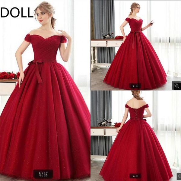 

2019 new arrival burgundy ball gown off the shoulder prom dress sweetheart neckline princess puffy corset prom gowns selling, Black