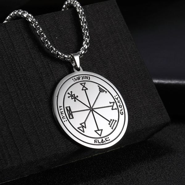 

teamer key of solomo runes stainless steel gold necklace pentacle of the sun mercury jupiter wicca amulet pendant necklaces men, Silver