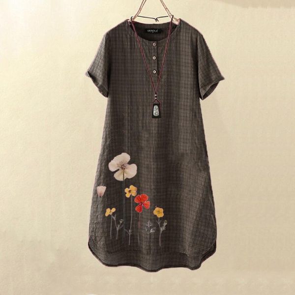 

женщины vintage белье платье вышивки цветочный печати plaid o-образным вырезом с коротким рукавом повседневные платья, Black;gray