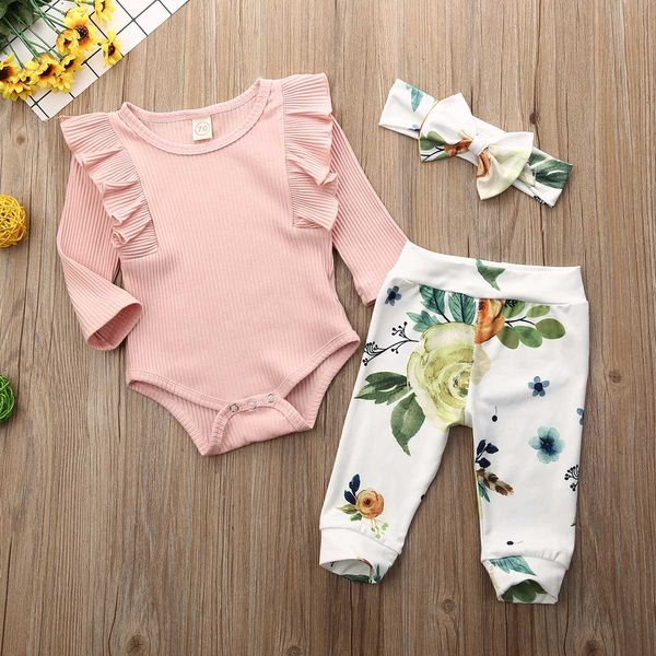 

pudcoco newborn baby girl clothes solid color ruffle knitted cotton romper flower print long pants headband 3pcs outfits, White