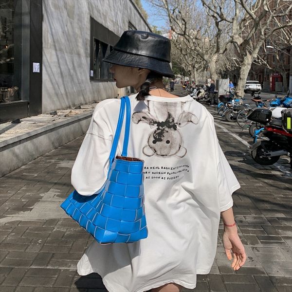 

xia bf lazy style cartoon bear american short-sleeved t-shirt female black couple loose ins t-shirt top, White