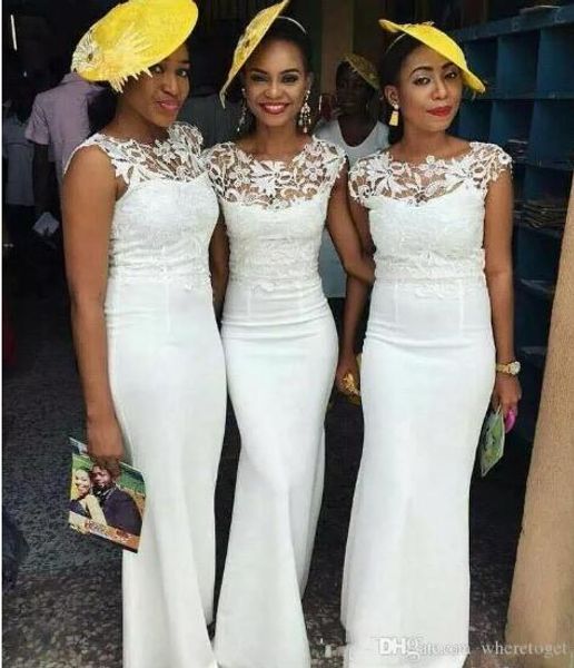 

white new elegant african mermaid maid of honor gowns modest jewel neck lace sleeveless long bridesmaid dresses custom made, White;pink