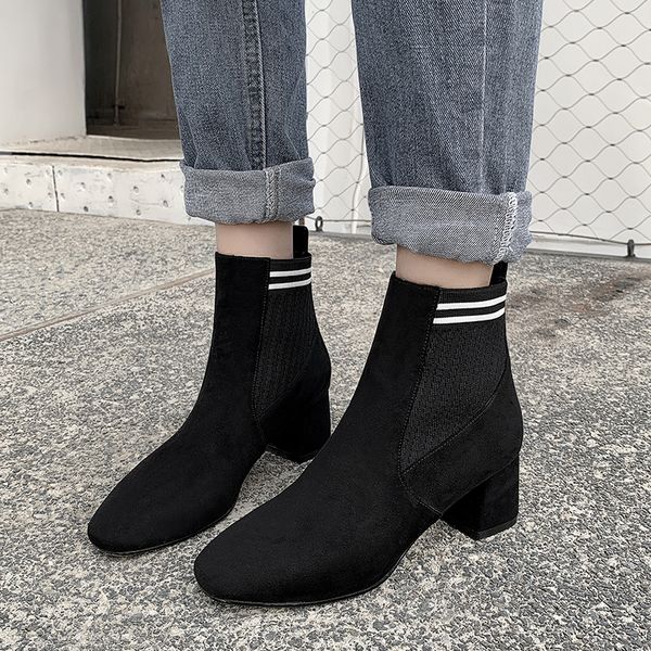 

women high heel elastic band ankle boots elegant ladies square heel booties winter suede short boots women beige black brand