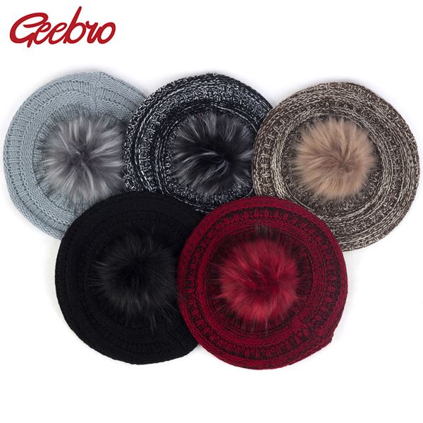 

geebro french artist beret color mixing caps faux fur with pom pom women fashion winter hairball hats warm berets knitted bl008, Blue;gray