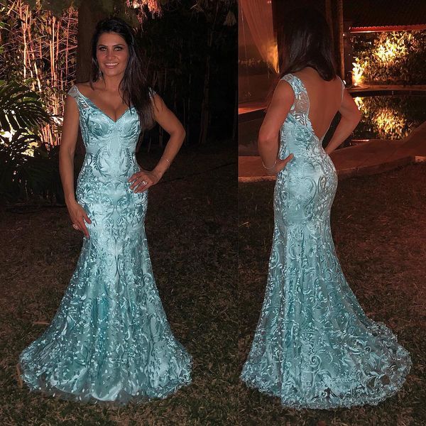 2019 nova chegada barato sereia vestidos de baile sexy v pescoço lace applique backless chão comprimento vestidos de noite vestidos vestidos de festa