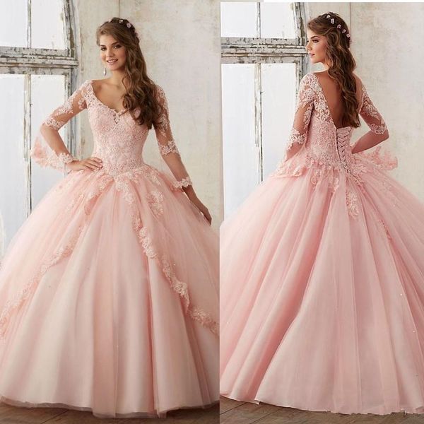

новое quinceanera pageant бальное платье с длинным рукавом пром платья для выпускного вечера румяна розовый тюль аппликация кружева сексуаль, Blue;red