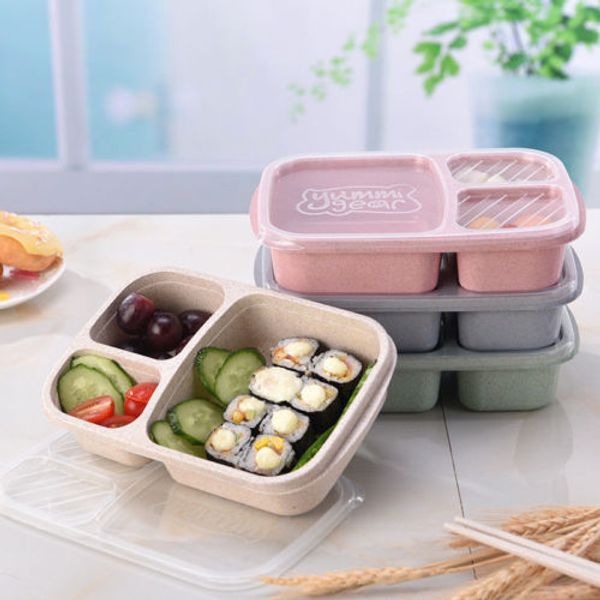 

3 grids lunch box with lid food fruit dinnerstorage box container kitchen microwave camping kid dinnerware 4 colors