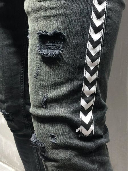 

skinny long designer men jeans fashion hole ribbon panelled slim pencil pants street hip-hop mens trousers, Blue