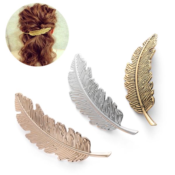

2019 fashion 1pc women leaf feather hair clip metal geometry hairpin barrette hair ornament party decoration hair accessories, Black;brown