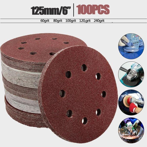 

100pcs 125mm 60 80 100 120 240 grit round shape sanding discs buffing sheet sandpaper 8 hole sander polishing pad each of 20